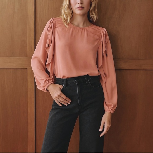 See By Chloe Silk Blend Long Balloon Sleeve Ruffle Blouse in Past Rose Size 6 - Picture 3 of 13